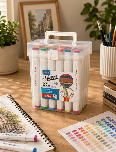 Set de 36 de markere cu două capete (Twin Markers) într-o cutie de plastic