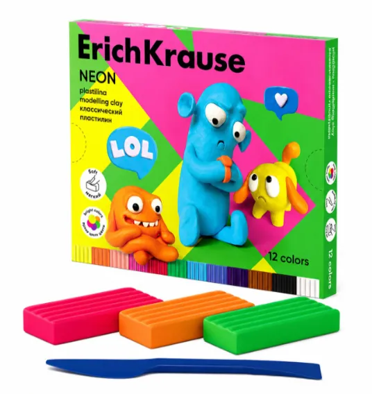 Plastilina ErichKrause Jolly Friends Neon 12 culori , 216 g