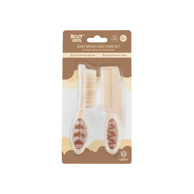 Pieptene-perie pentru bebelusi Roxy Kids, perii naturale, Bej (RBH-001) Pieptene-perie pentru bebelusi Roxy Kids, perii naturale, Bej (RBH-001)