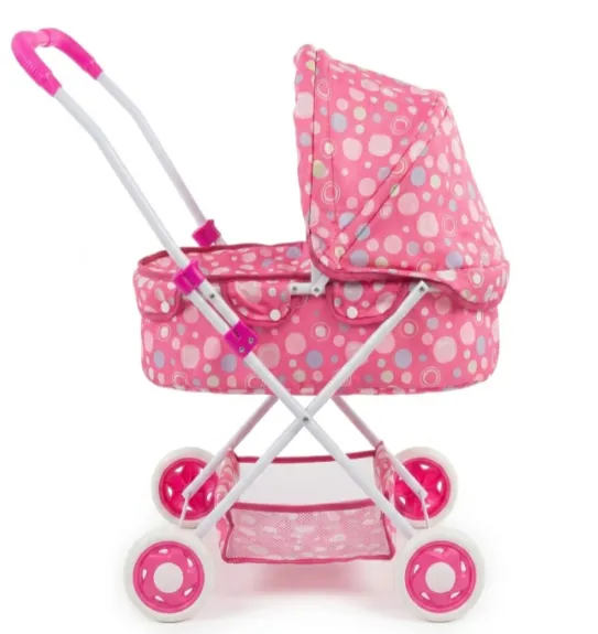 Carucior pentru papusi cu geanta, roz cu flori, cod 982033