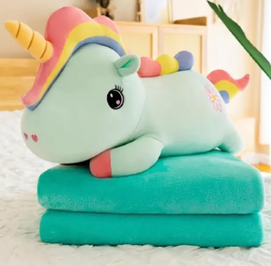 Jucărie din pluș Unicorn Curcubeu 60cm ,cu plapumă 1×1,6m, verde (875697)