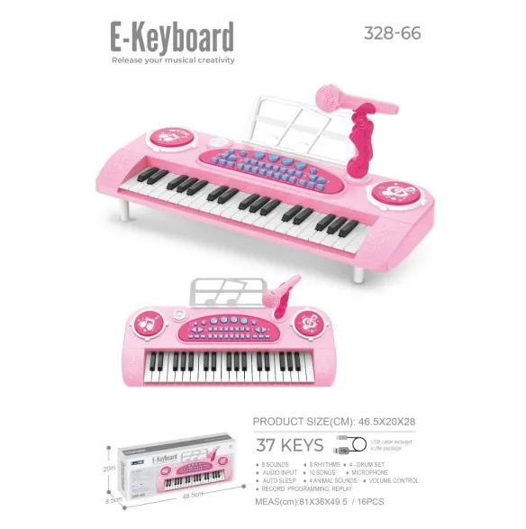 Claviatură electronică cu 37 de clape, sunet realist, cu microfon, alimentare la priză, plastic, 328-66