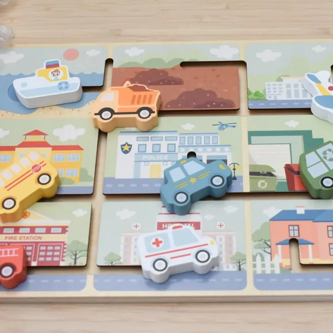 TK Puzzle cu vehicule labirint din lemn, cod 60632 TK Puzzle cu vehicule labirint din lemn, cod 60632