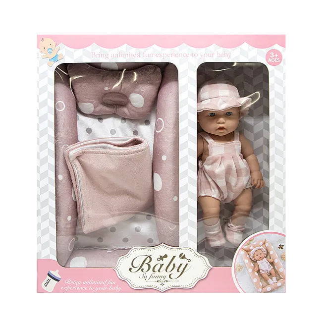 Păpușă-bebeluș „Baby so funny” 30 cm în panama roz cu pătuc, cod 662001